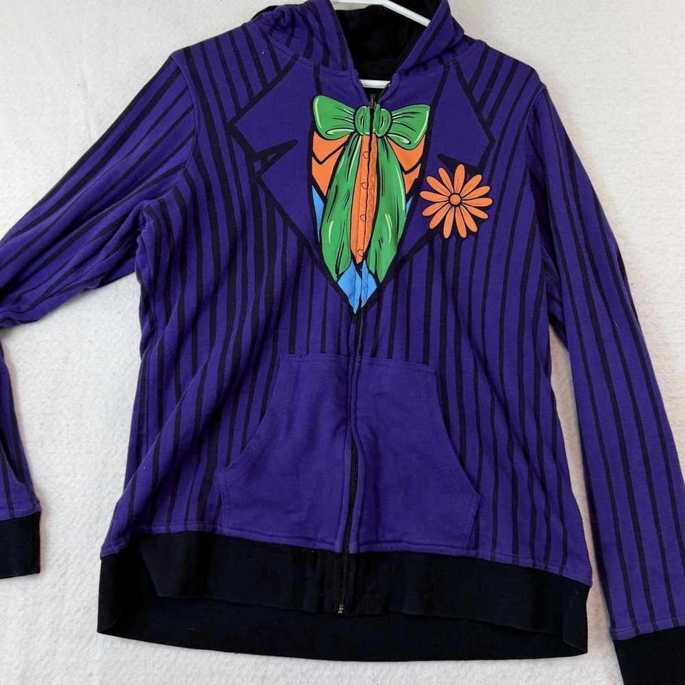 DC Comics Joker Harley Quinn Reversible Hoodie Purple Pinstripe Red Black Size L - Picture 3 of 5